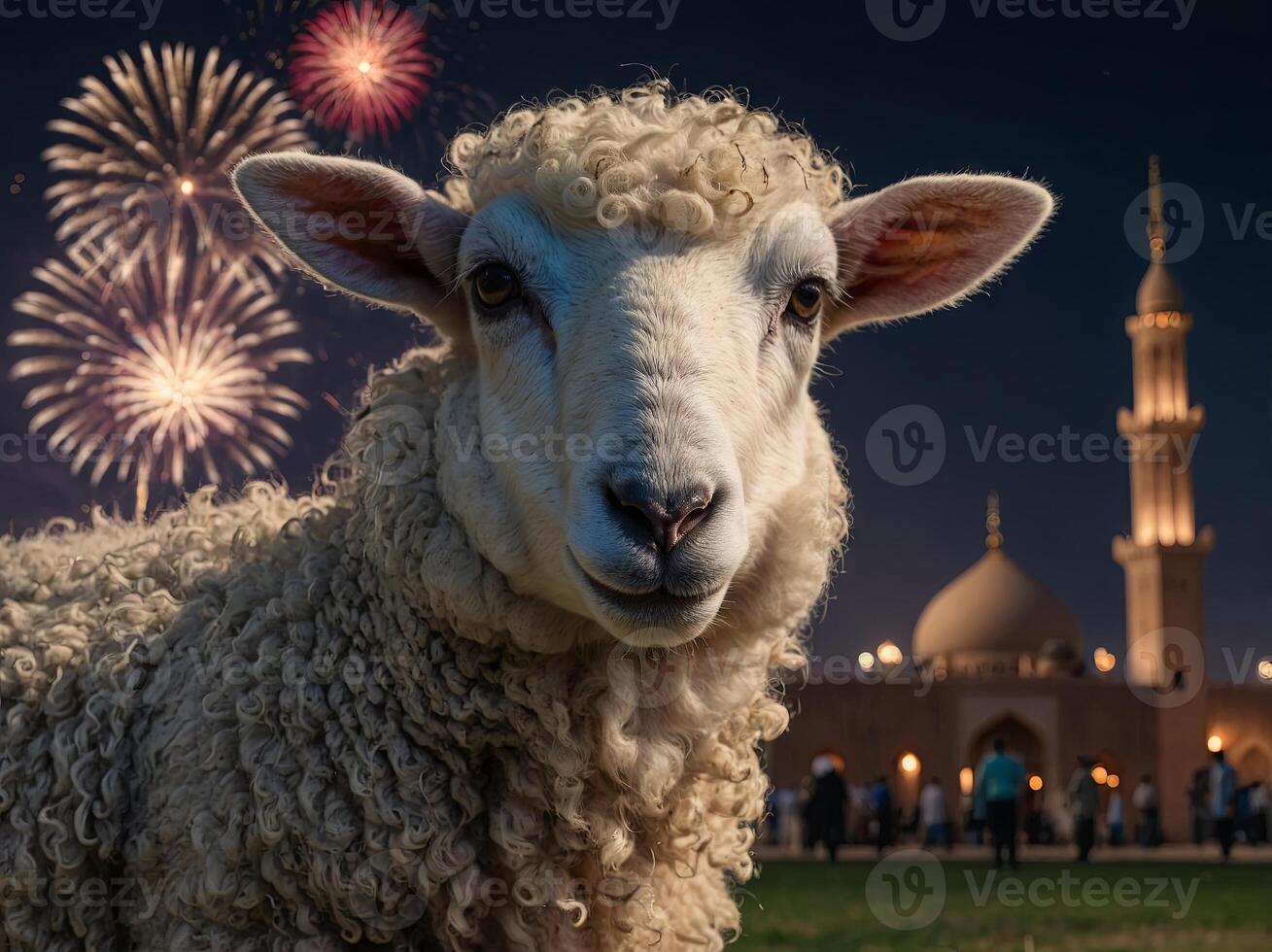 a closeup of a sheep lamb on the islamic festival eid ul adha with the masjid and fireworks in background. photo