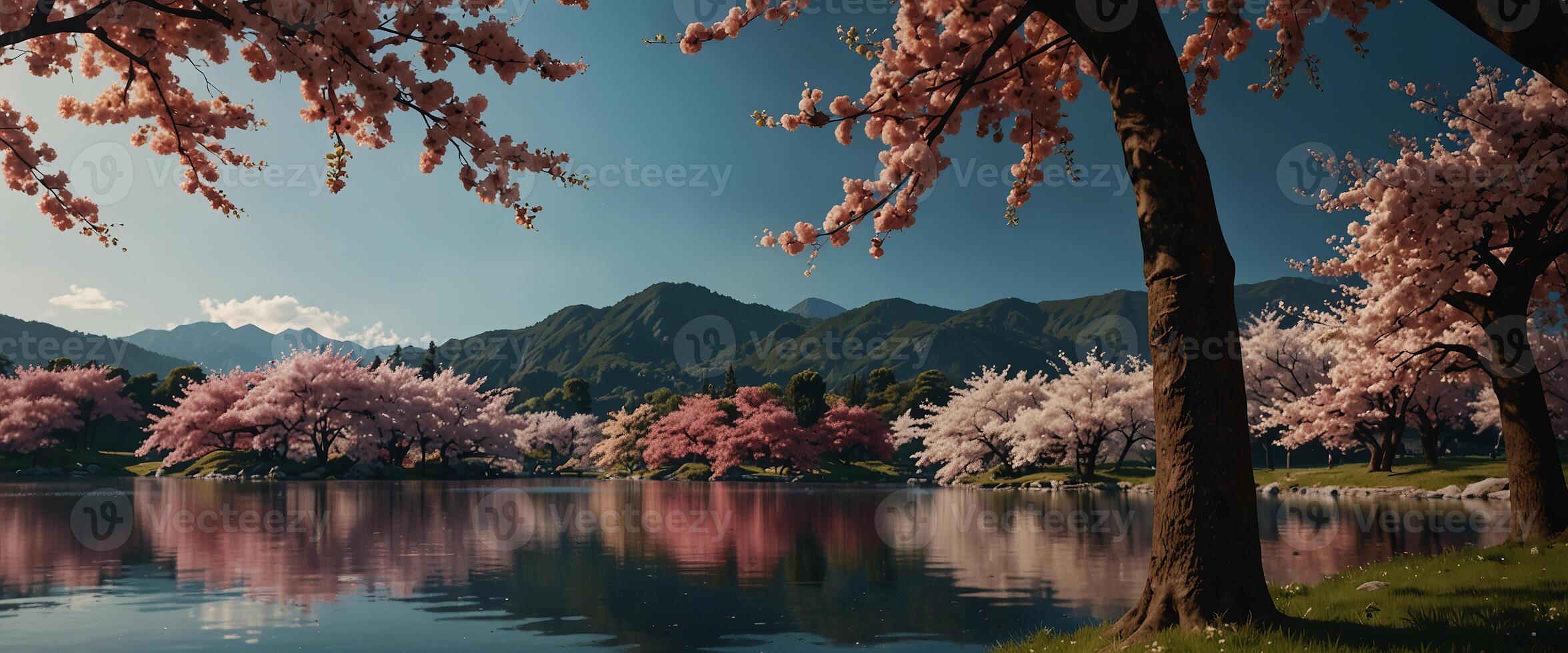 anime style background, view of cherry trees by the lake. photo