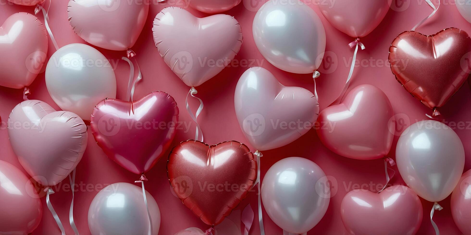 Valentines hearts look like balloons on pink background Flat lay, top view Love and romance concept. photo