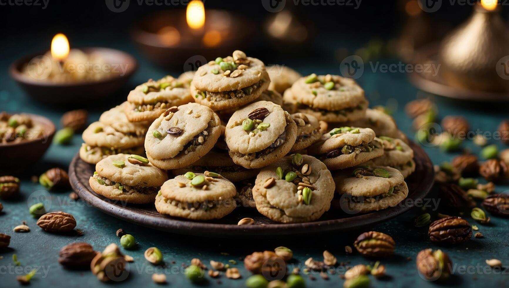 Traditional Arabic Eid semolina cookies with dates walnuts and pistachios seen from above with space for text. photo
