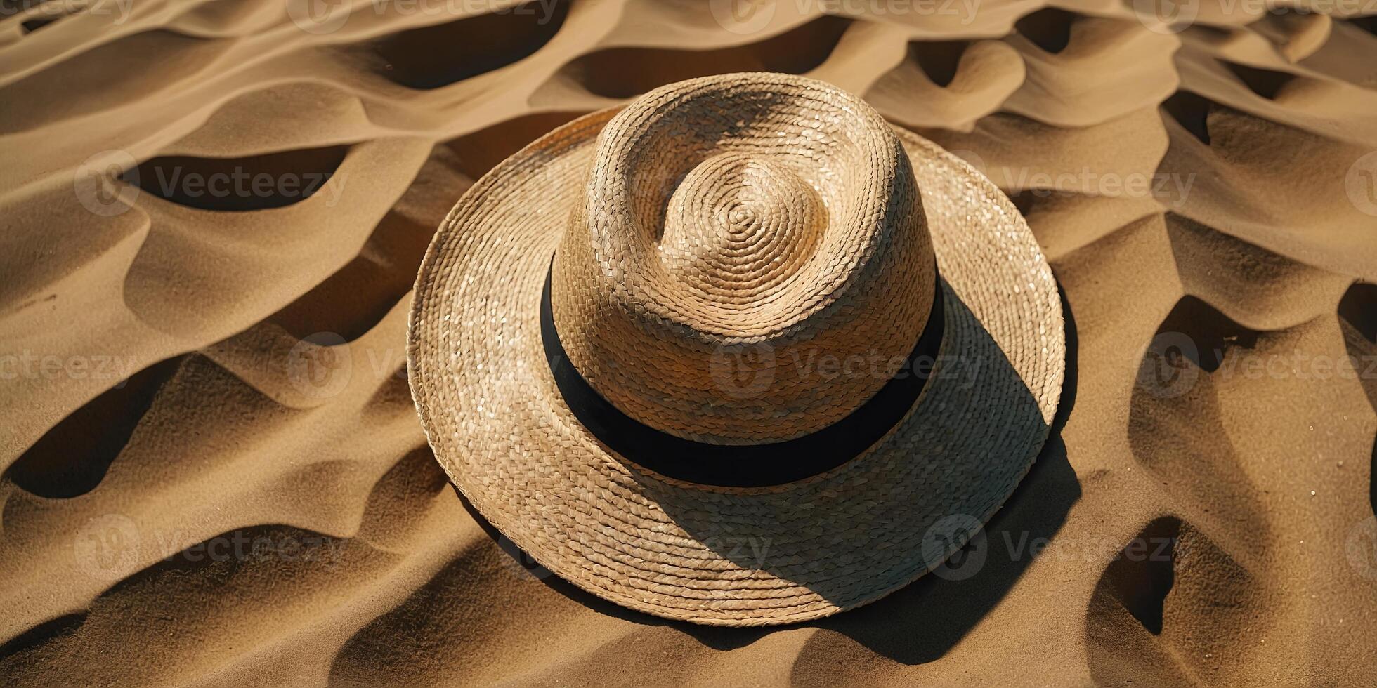 Top view straw hat with copy space Traveler accessories on sand Travel vacation concept Summer background. photo