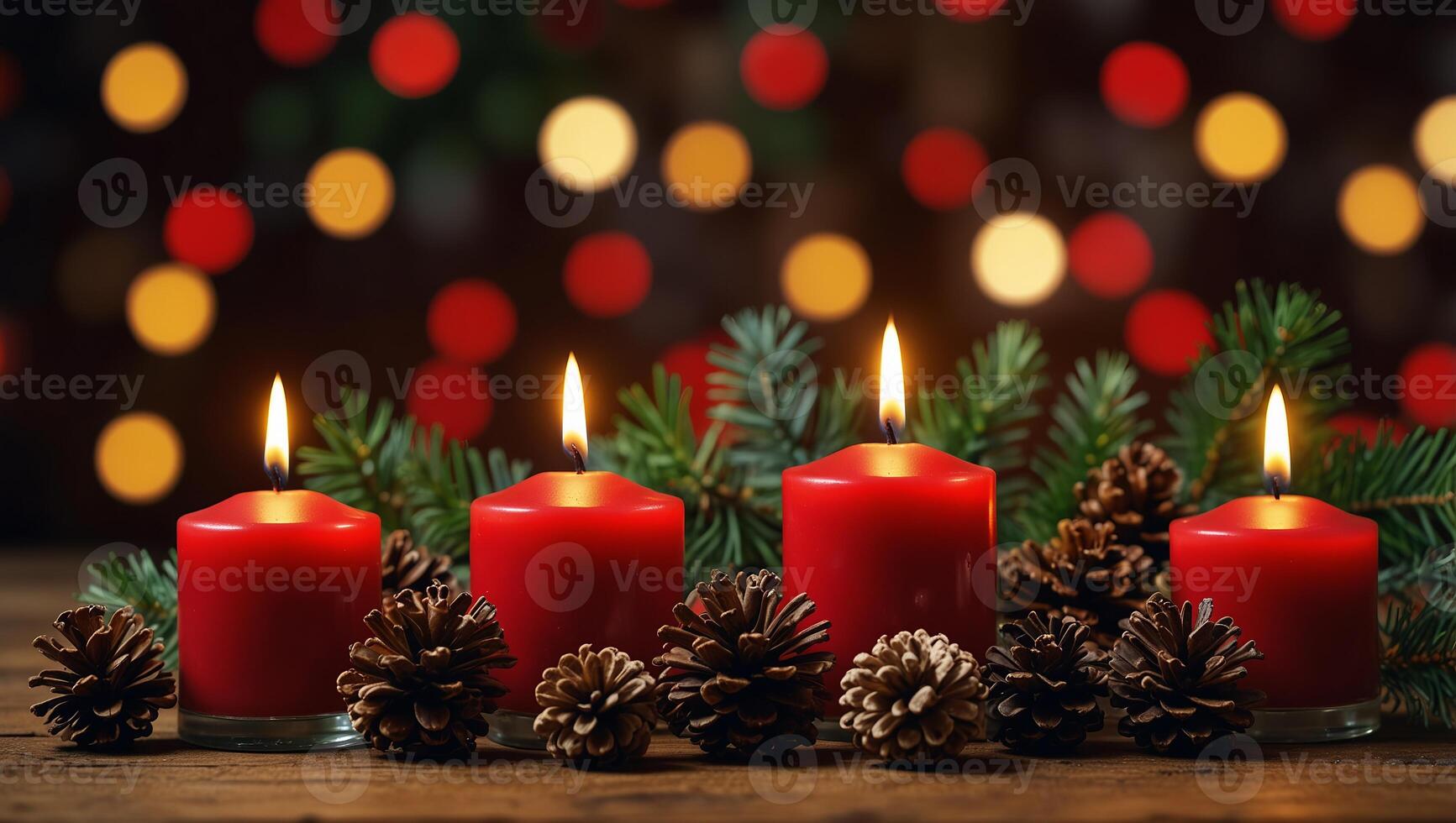 christmas decoration background, red lighted candles with pine cones and xmas ornament on wooden table on shiny warm celebration background, with copy space. photo