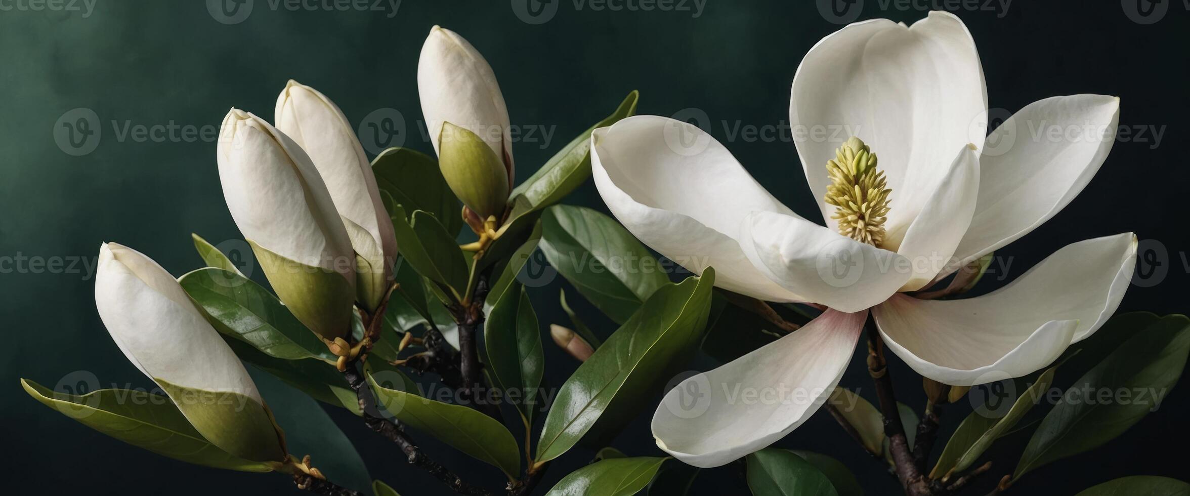Watercolor magnolia clipart with large white petals and green leaves. photo