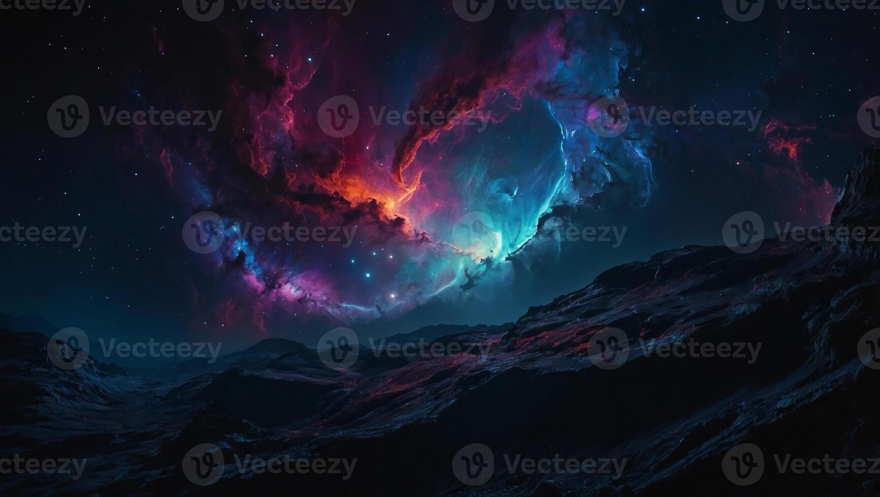 Vibrant hues dance amidst the dark abyss, as nature's beauty transcends into the depths of space. photo