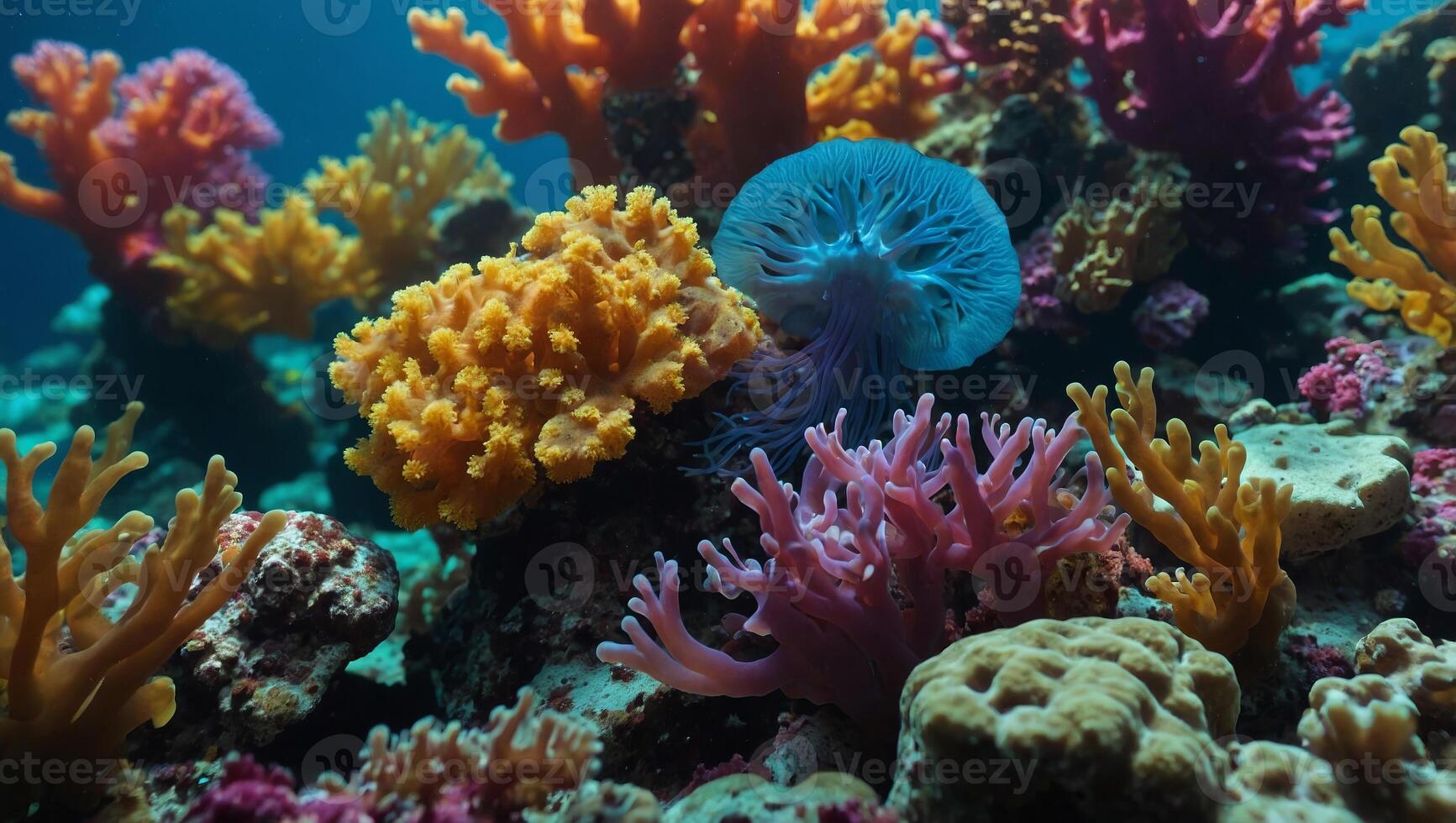Vibrant cnidarians float gracefully amidst the colorful stony coral in an underwater paradise, adding life and beauty to any marine aquarium. photo