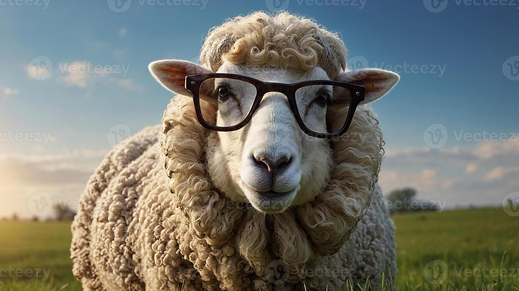 funny sheep with glasses eating grass, funny bakra eid, eid ul adha, eid mubarak wallpaper with copy space. photo