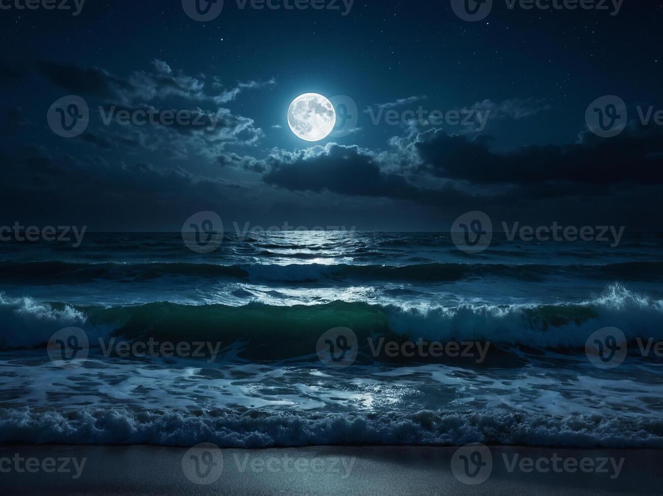 mesmerizing seascape night fantasy, beauty of waves illuminated by the light of a full moon, magical and serene ambiance of the scene with a touch of fantasy. photo