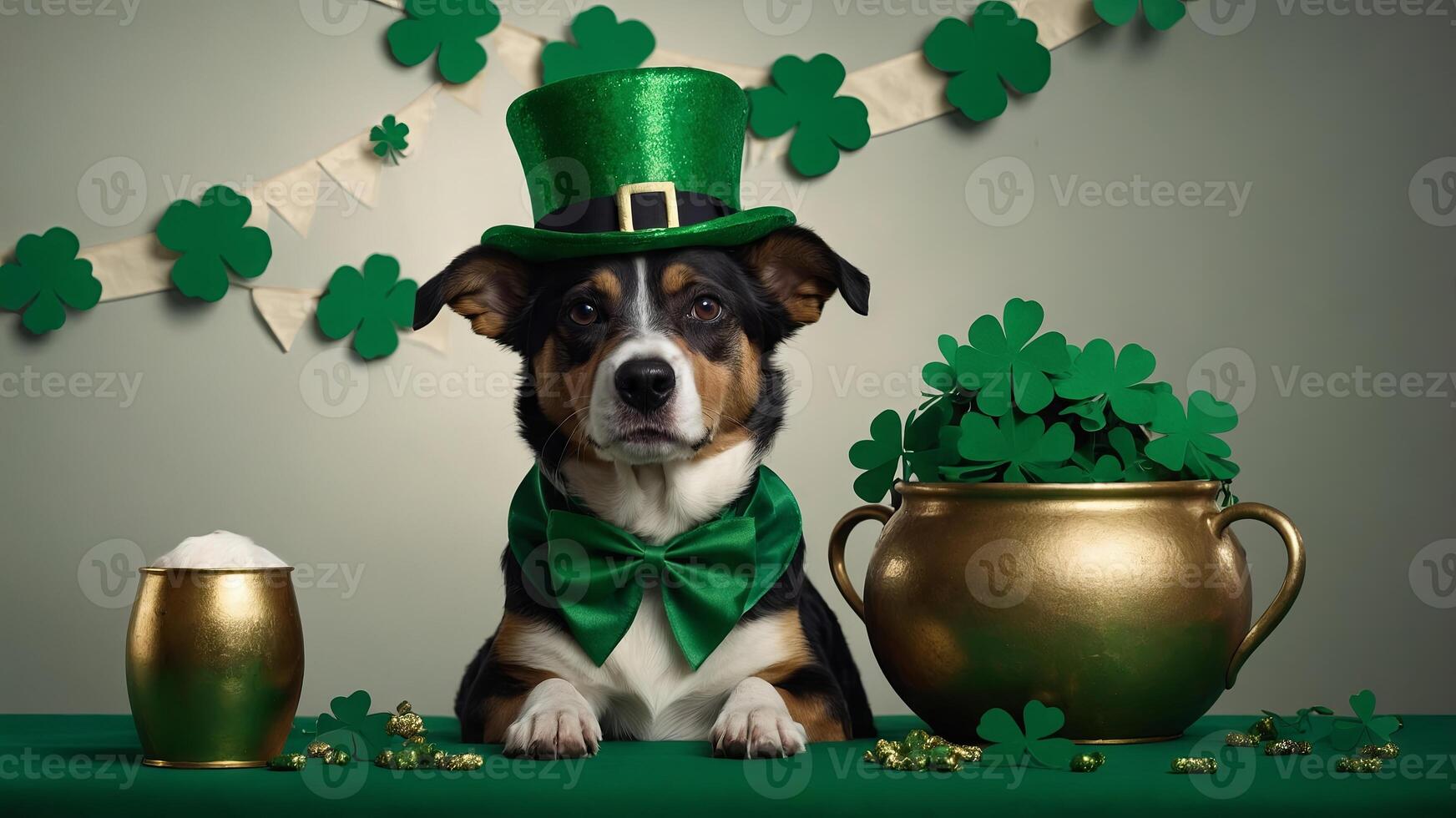 a St Patrick's Day dog with a clover behind a blank banner, contemporary aesthetics to highlight the charm and festive spirit of the canine celebration. photo
