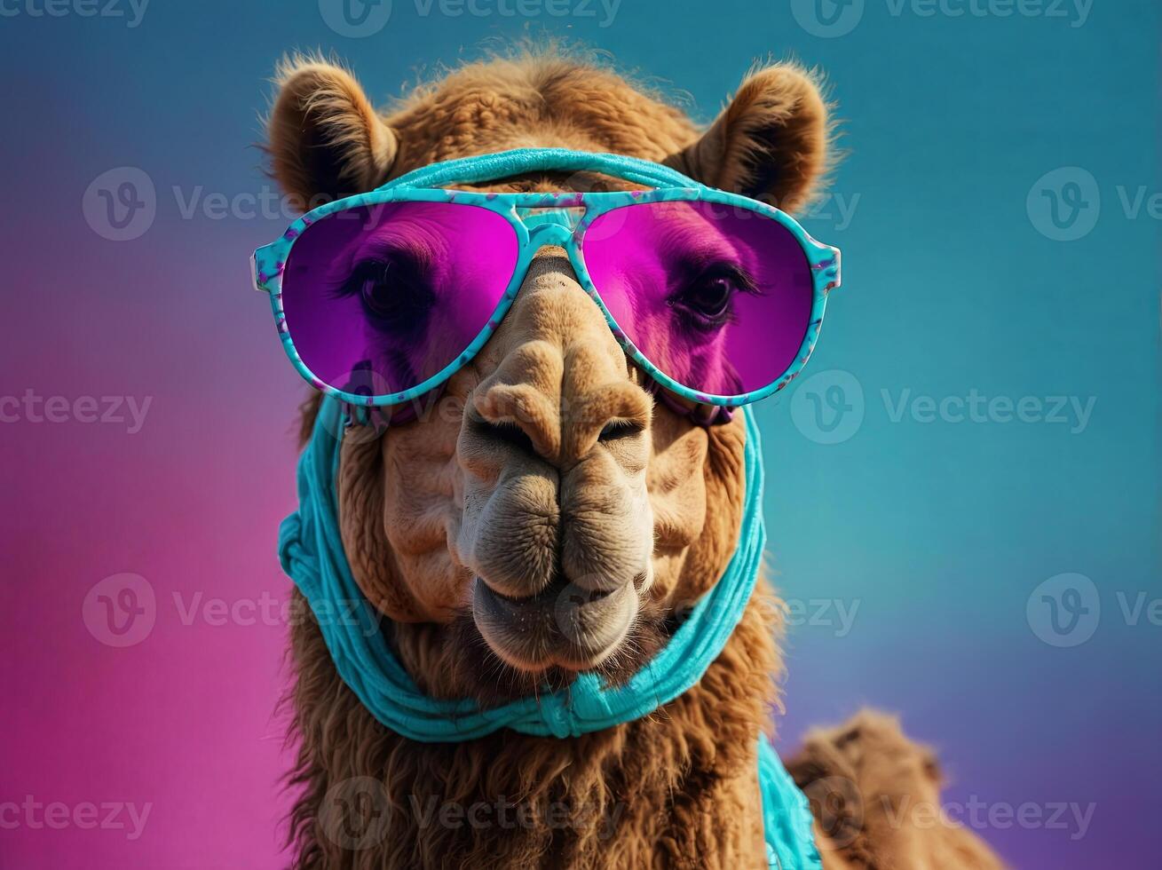 cool camel wearing sunglasses on colorful background illuminated by cyan and magenta light color. photo