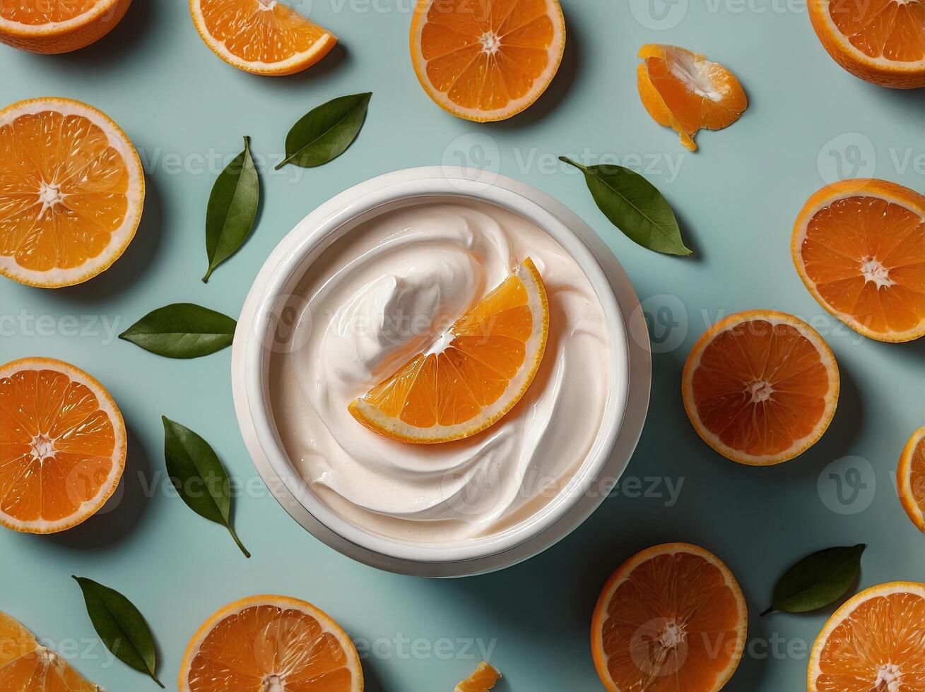 Vitamin C moisturizer cream with slices orange Flat lay, top view Natural organic product, beauty and spa concept. photo