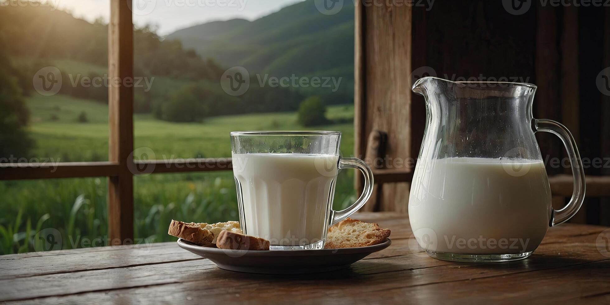 world milk day with a glass of milk and jug of milk is holding on a table behind it a pleasant view of nature. photo