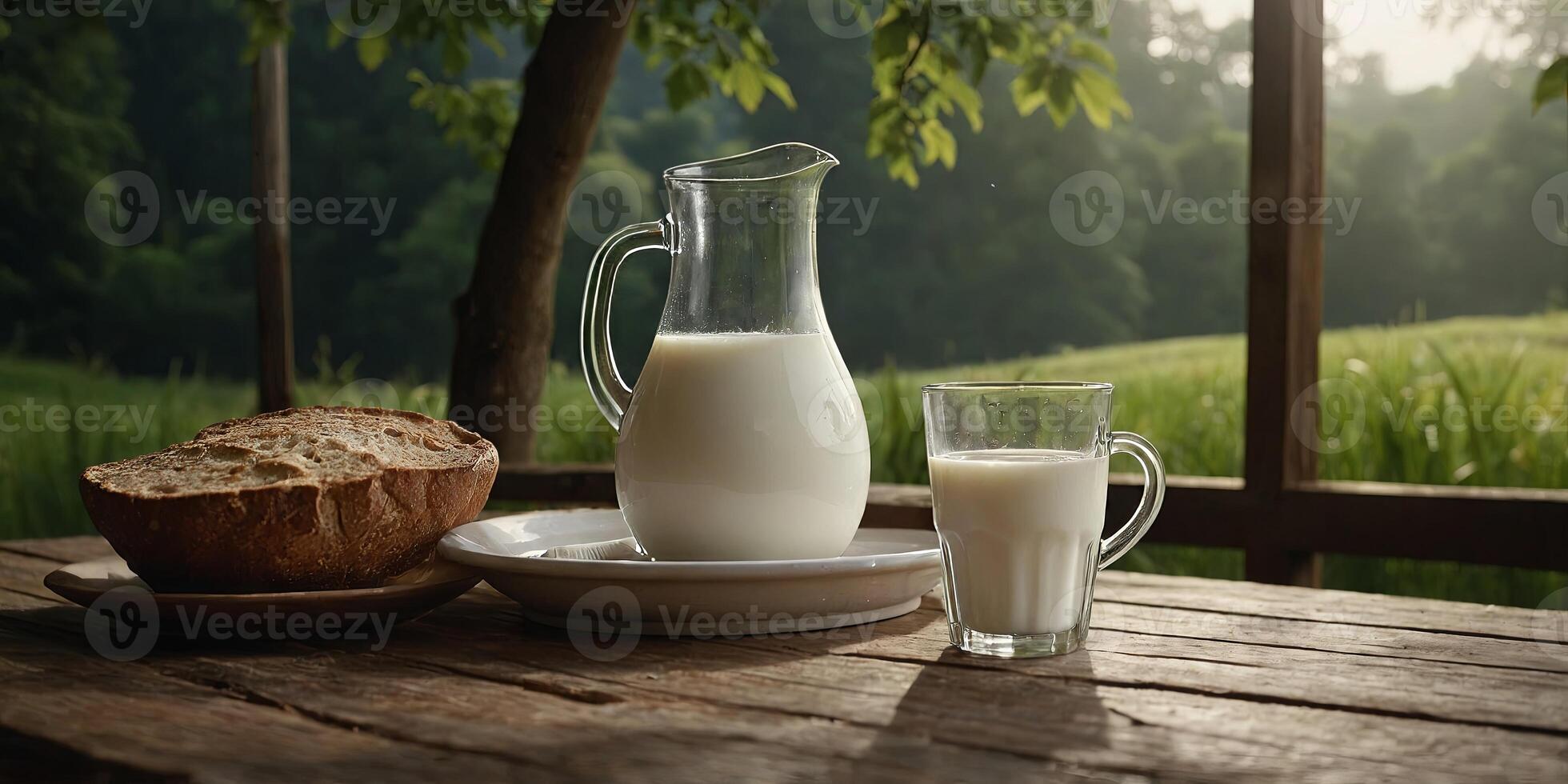 world milk day with a glass of milk and jug of milk is holding on a table behind it a pleasant view of nature. photo