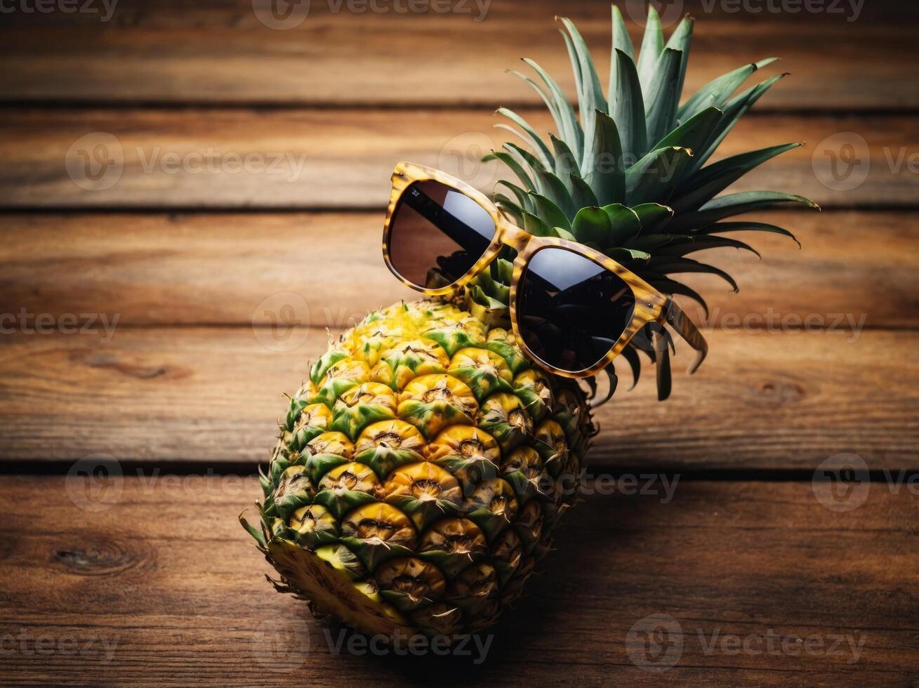 pineapple with sunglasses on wood,concept summer background. photo