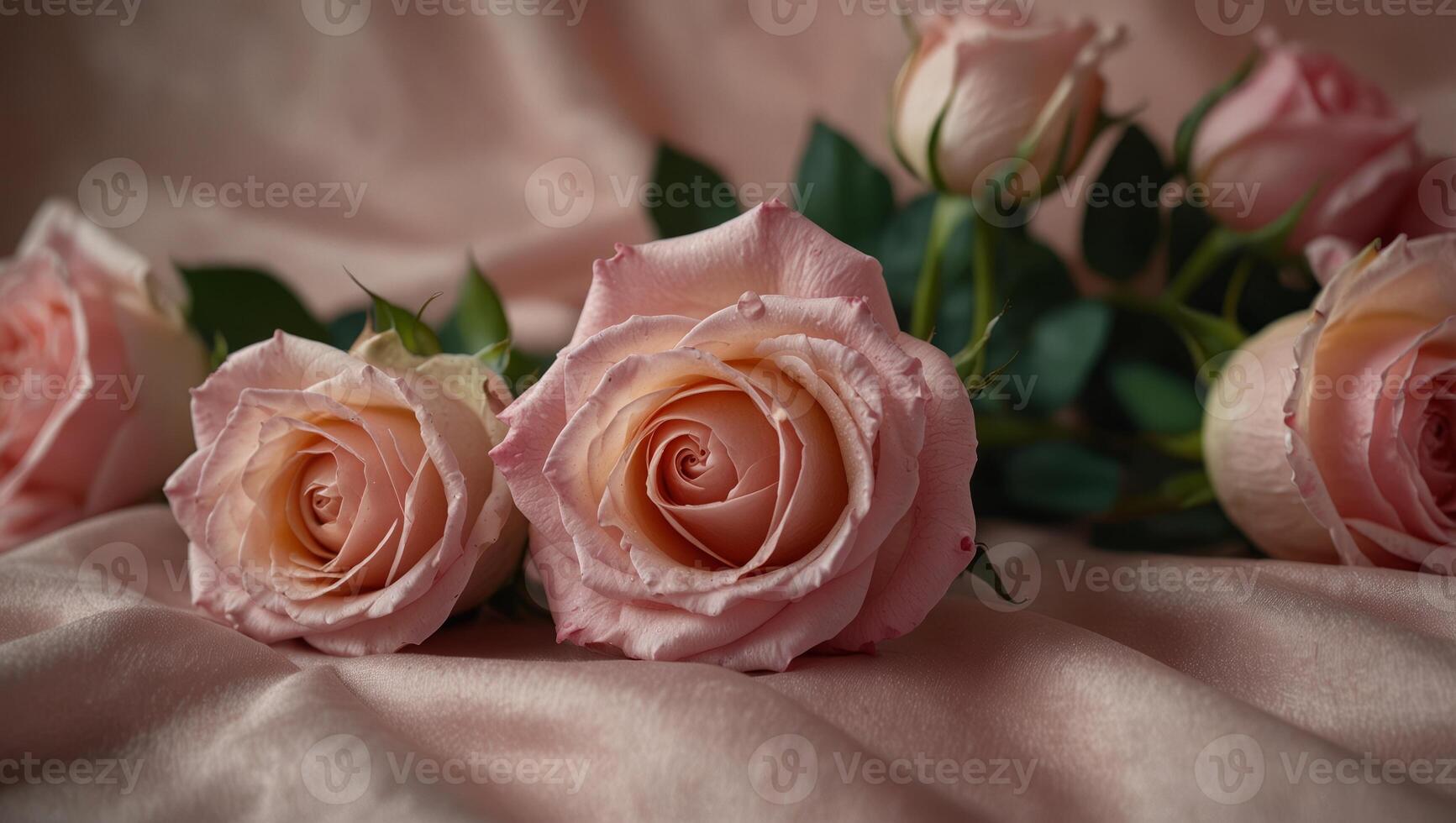 pink roses on soft silk background with copy space, for Women's Day, Mother's Day, Valentine's Day, Wedding concept Copy space. photo