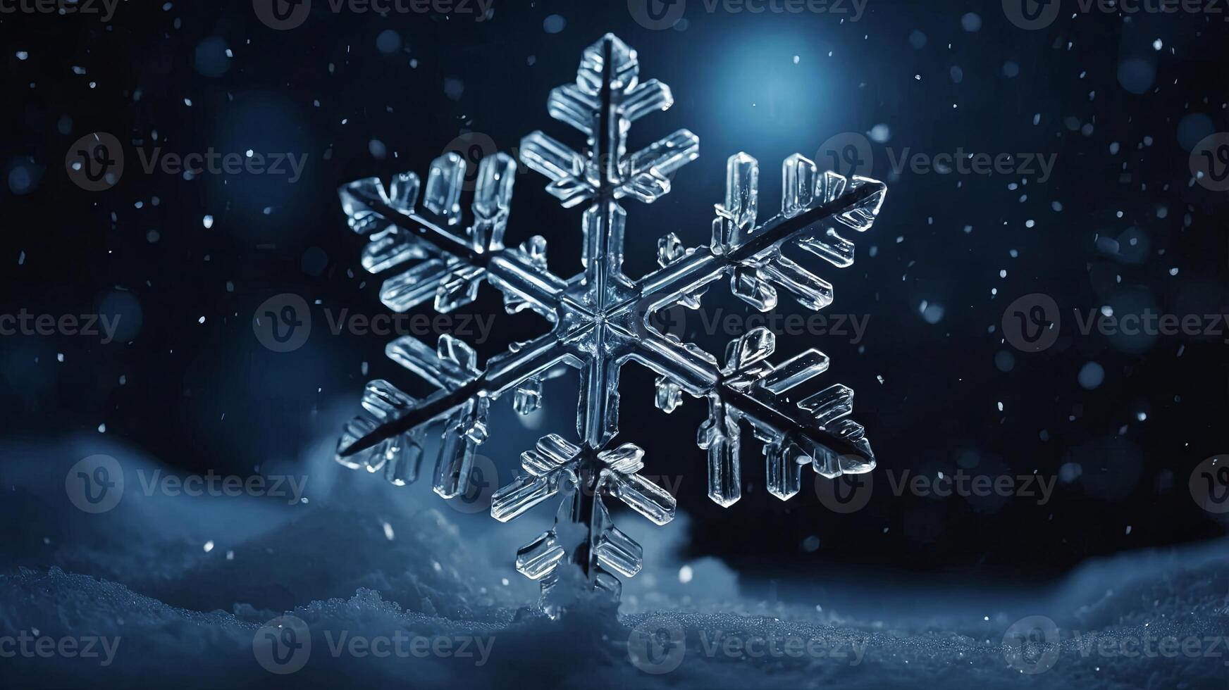 snowflake ice crystal shape blurry lights and snow falling on a cold winter night. photo