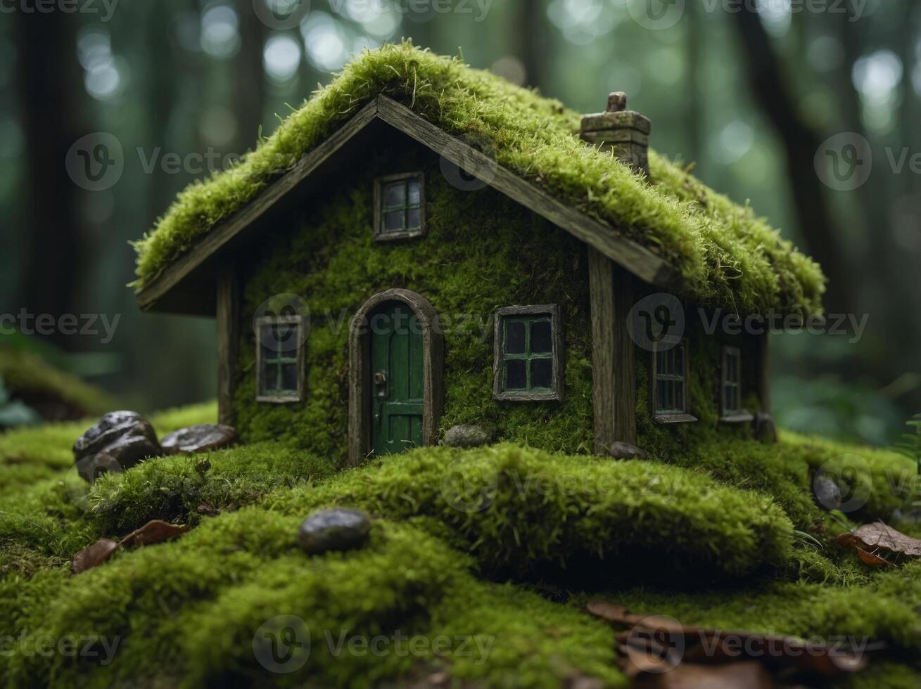 green macro house with moss texture on moss surface. photo