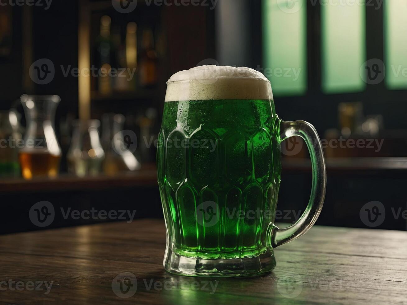 glass of green beer on table, st patricks day concept. photo