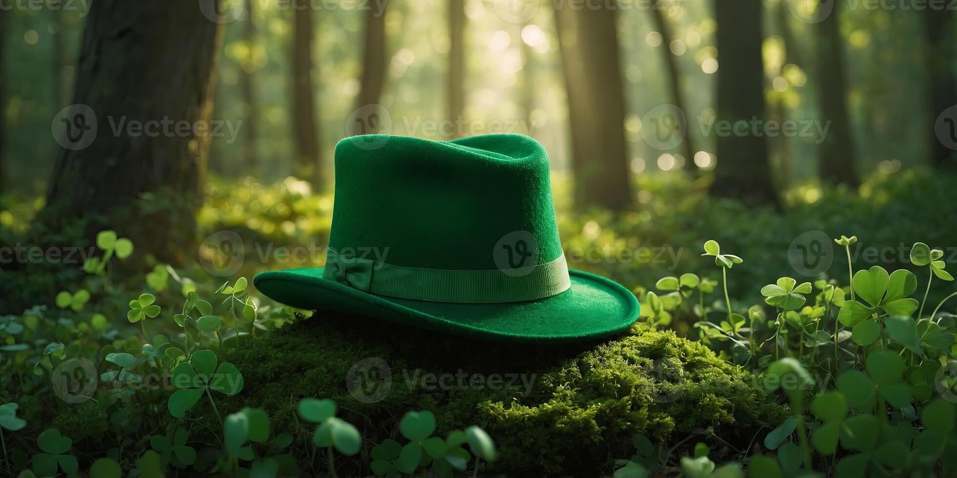 green hat amid clovers under forest light, a touch of Irish magic, st patrick day concept. photo