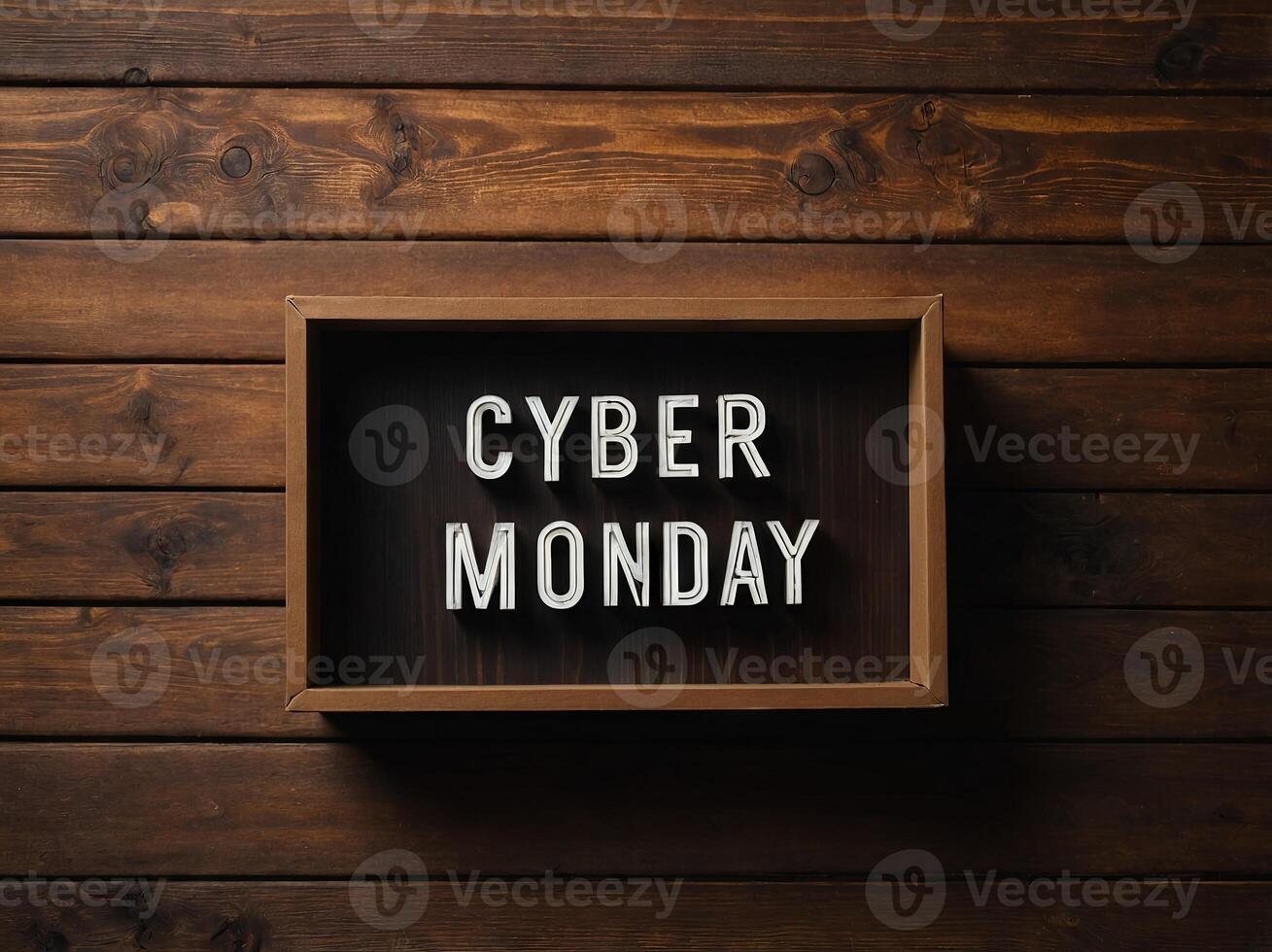 cyber monday word written on lightbox on brown wooden background Flat lay, top view. photo