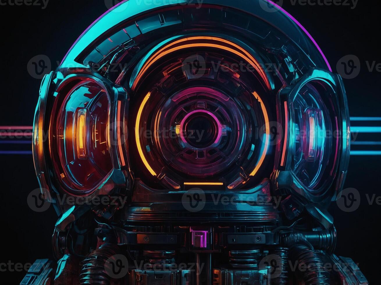 retrofuturism poster design in trend retro line style and neon colors on black dark background. photo