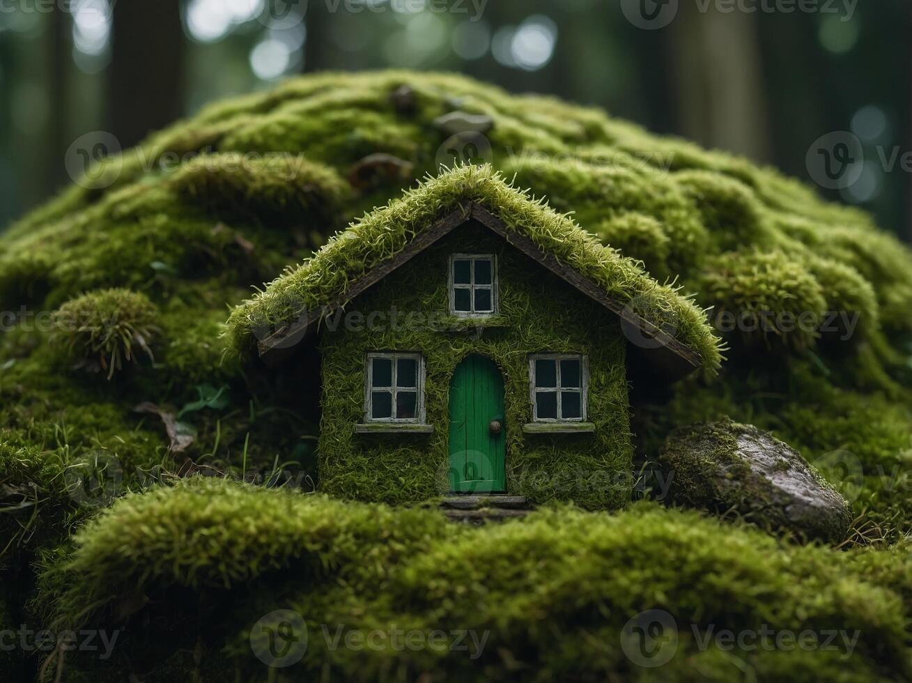 green macro house with moss texture on moss surface. photo