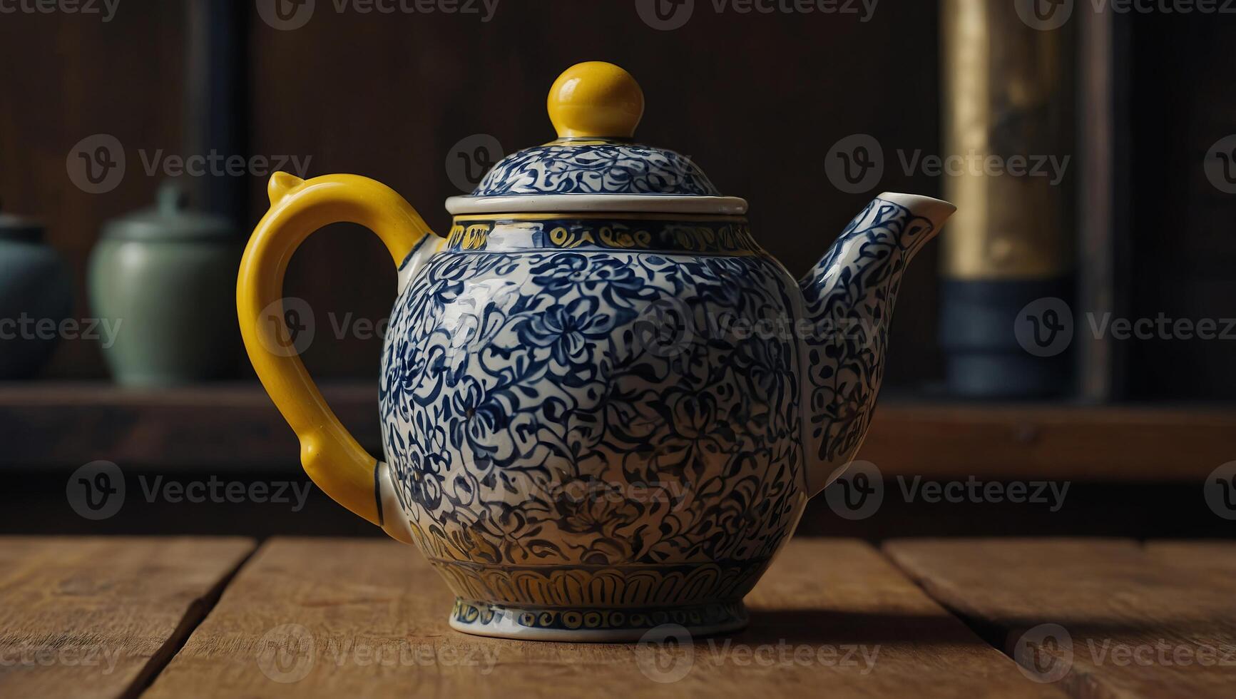 An old fashioned ceramic teapot with a yellow handle placed on a wooden table. photo