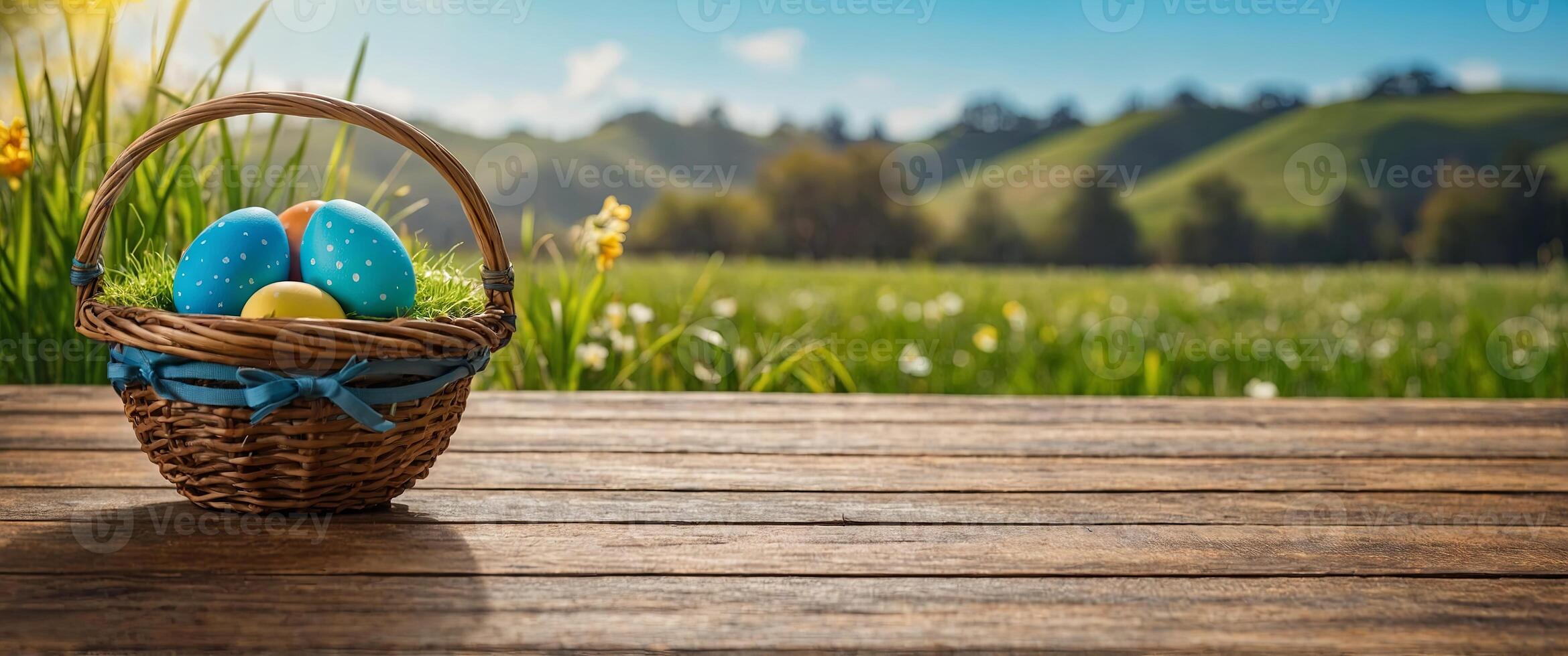 wooden table top product display with a fresh sunny easter background of blue sky and warm bokeh with green grass meadow foreground. photo