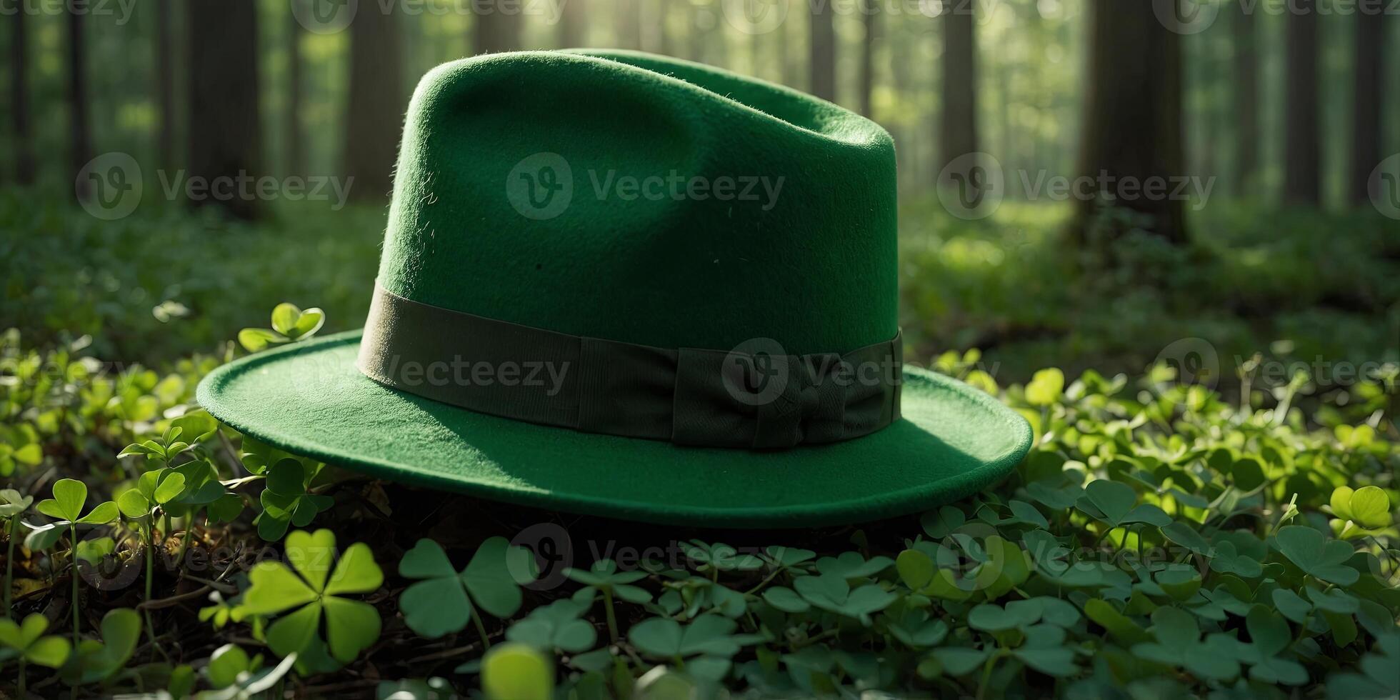 green hat amid clovers under forest light, a touch of Irish magic, st patrick day concept. photo