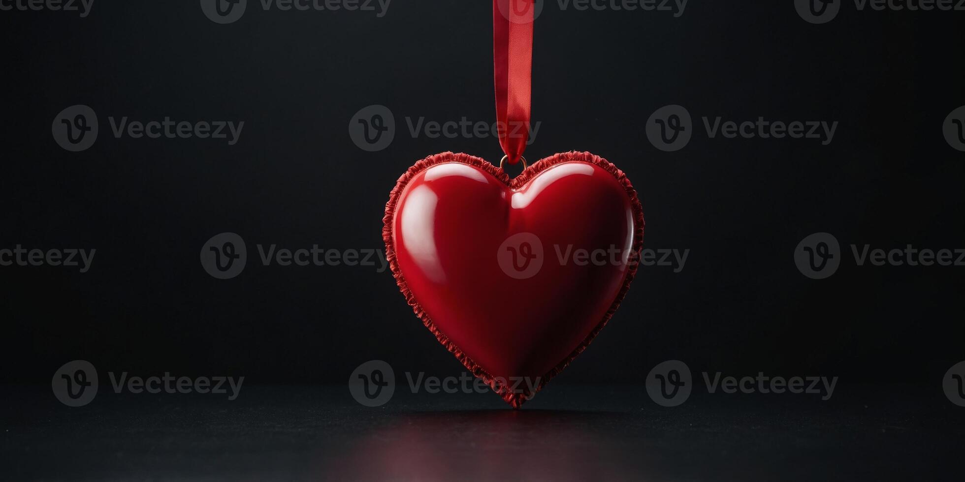 A bright red heart with a red ribbon on a black background with an empty space, banner. photo