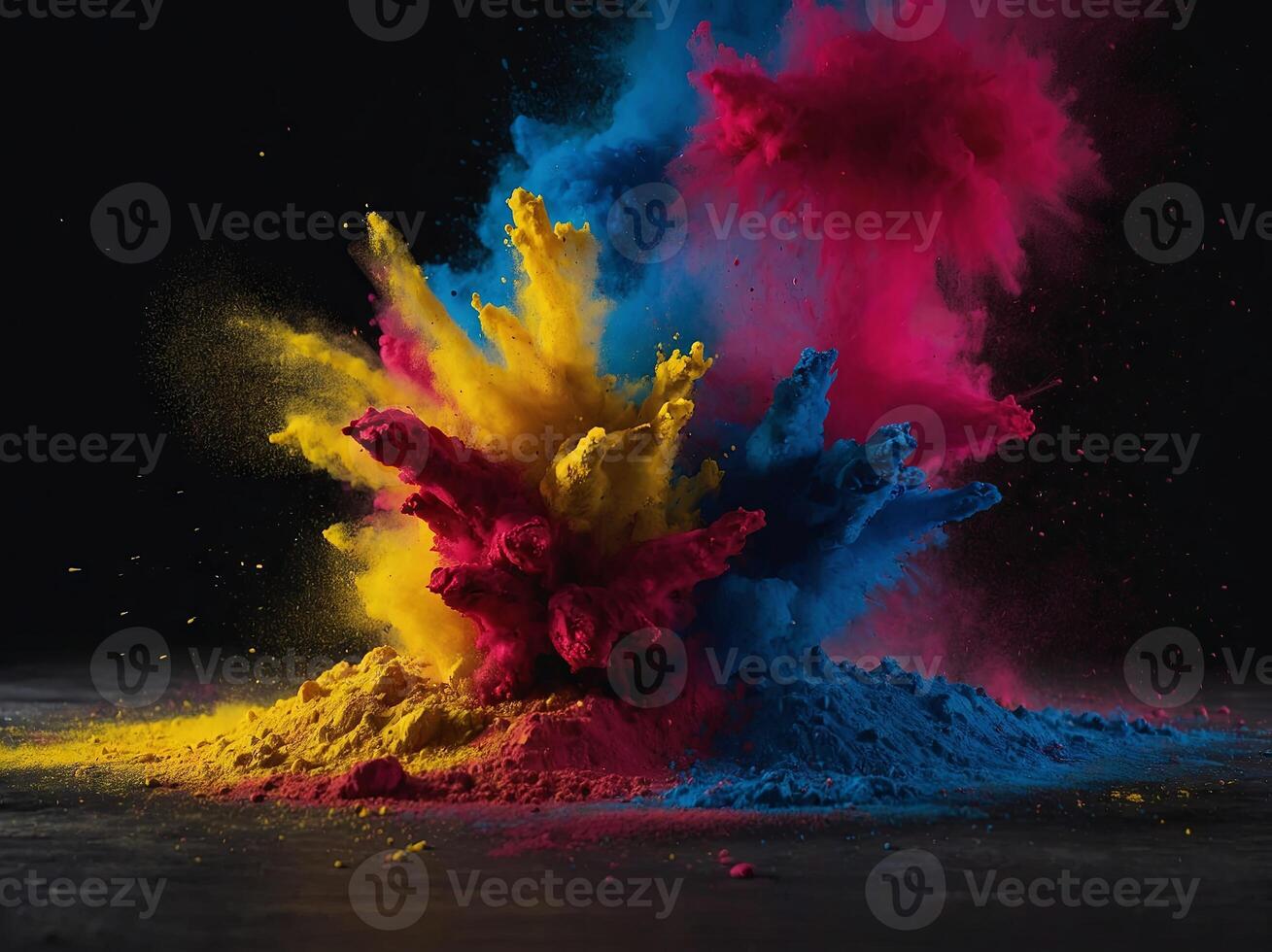 red blue and yellow holi powder explosion on black Hindu spring red blue and yellow holi powder explosion on black Hindu spring