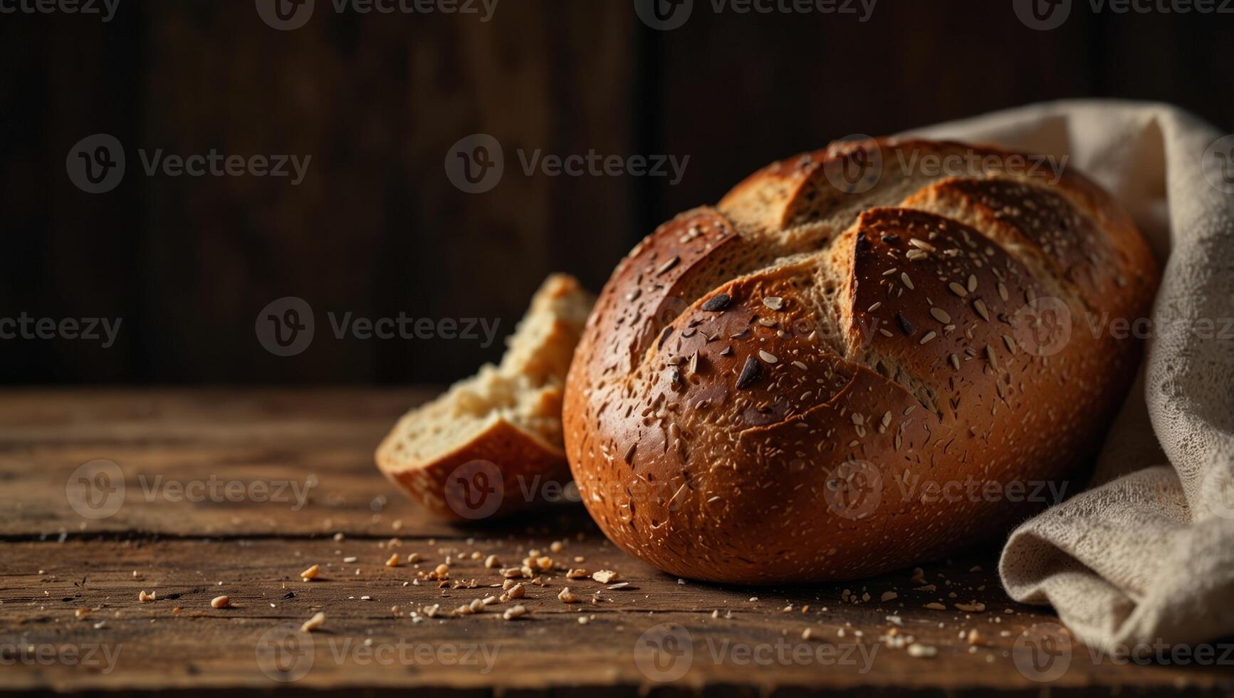 Bread, traditional sourdough bread cut into slices on a rustic wooden background Concept of traditional leavened bread baking methods Healthy food. photo