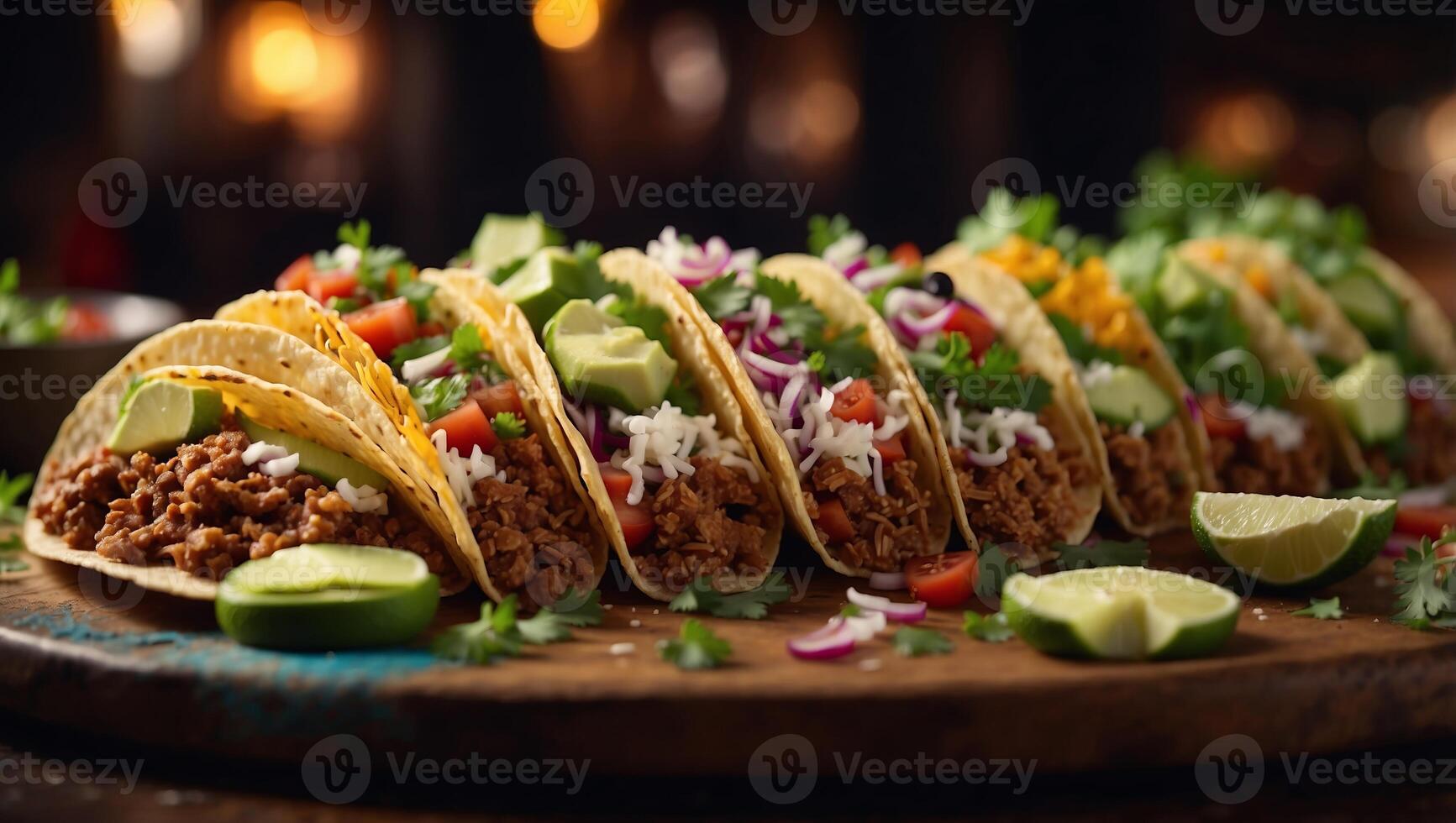 Assorted traditional Mexican tacos with various fillings and toppings. photo