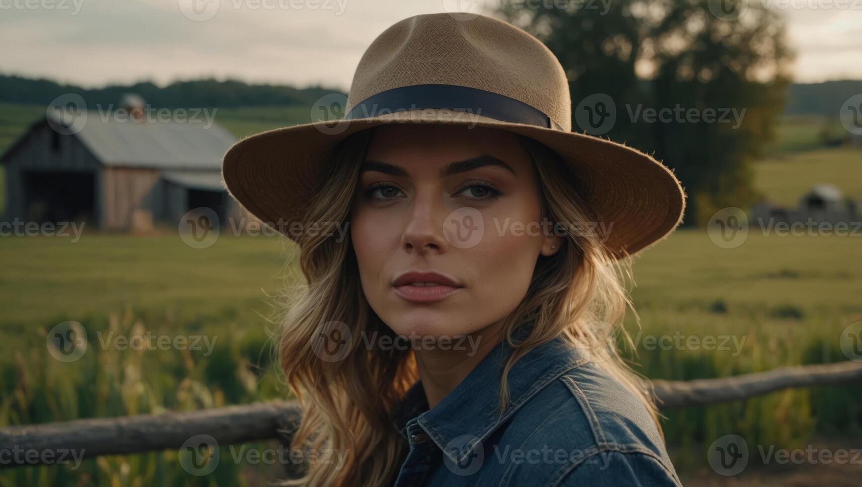 Beautiful stylish woman in hat on rural country farm. photo