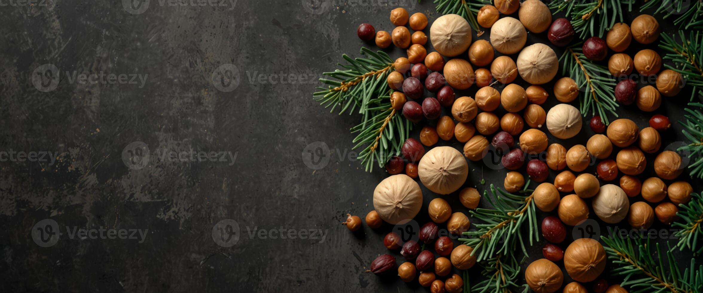Christmas tree of different beans, chickpeas and almonds on a gray rustic background The concept of holiday and vegetarian food Top view, flat lay, copy space. photo
