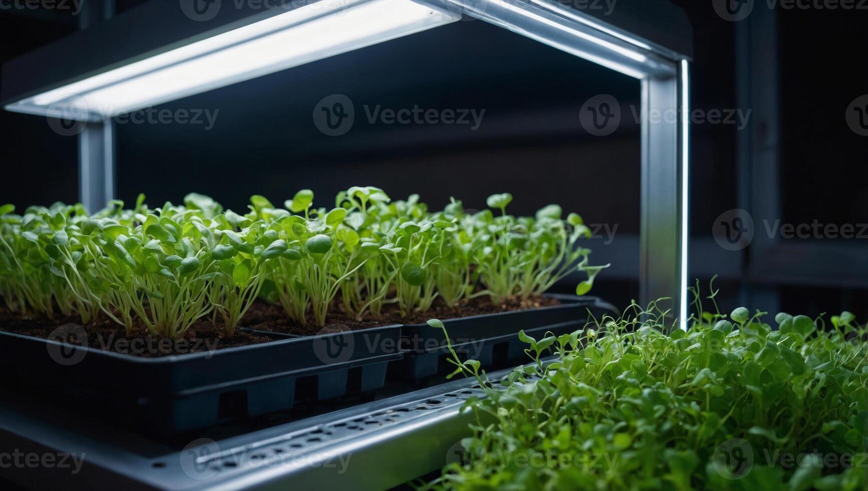 Close up shelves with salad, greens and young microgreens in pots under LED lamps on hydroponic vertical farms Concept of agriculture business of future. photo