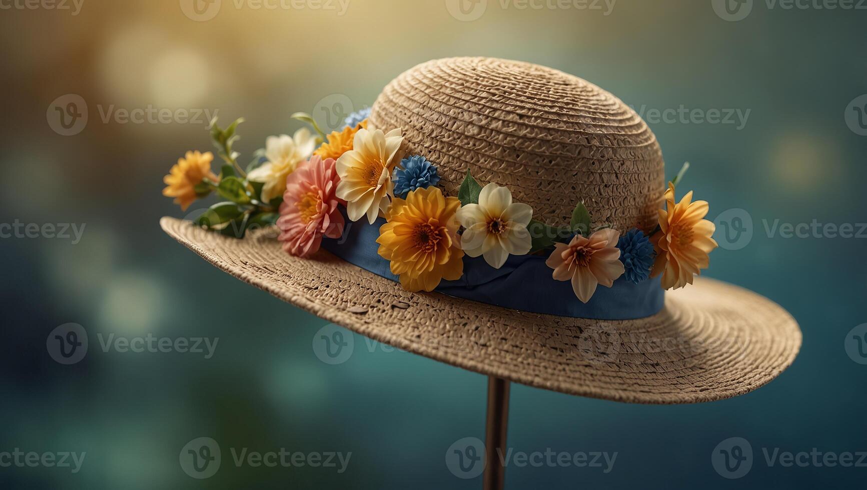 Elegant Beige Sun Hat with Floral Accent on Blue Gradient Background. photo