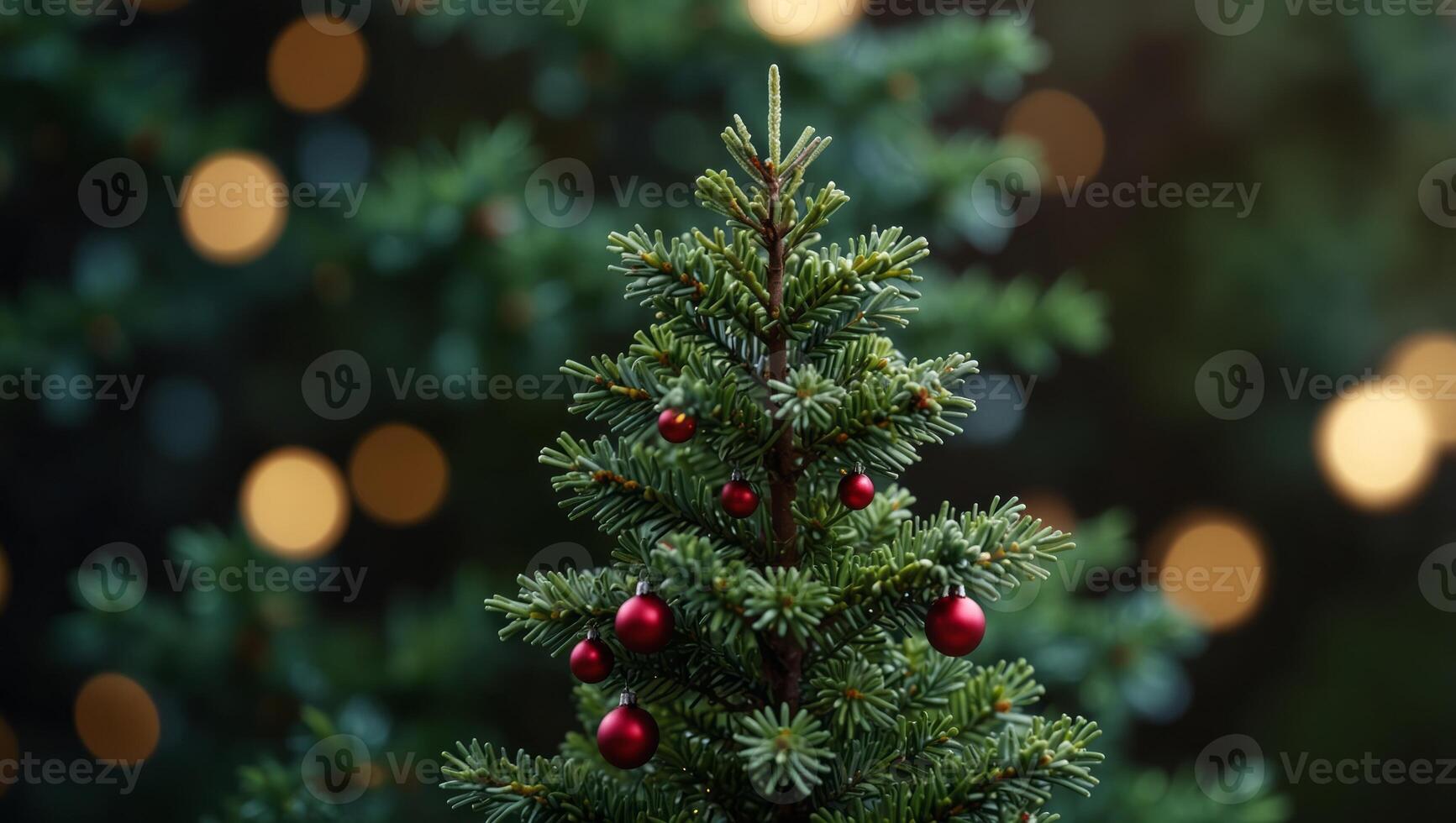 Christmas tree pine on blurred green backdrop Christmas and New Year holiday background Bokeh light banner with copy space. photo