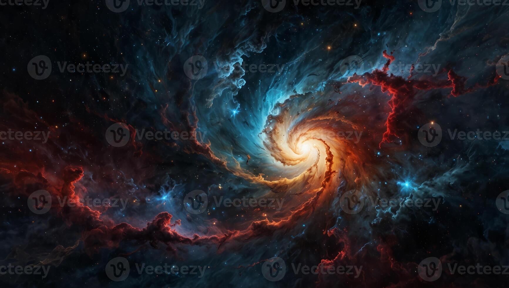 Celestial Brushstrokes, An abstract cosmic panorama depicting a swirling nebula with a vivid fusion of reds, blues, and whites, evoking the infinite beauty of the universe. photo