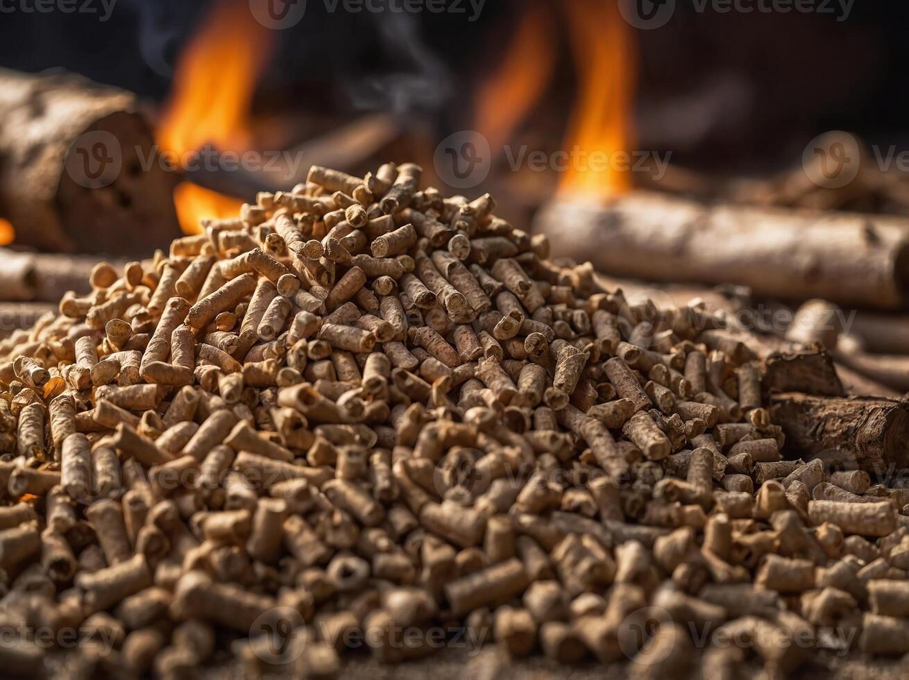 Biomass wood pellets and woodpile on blurred defocused background with space for text placement. photo