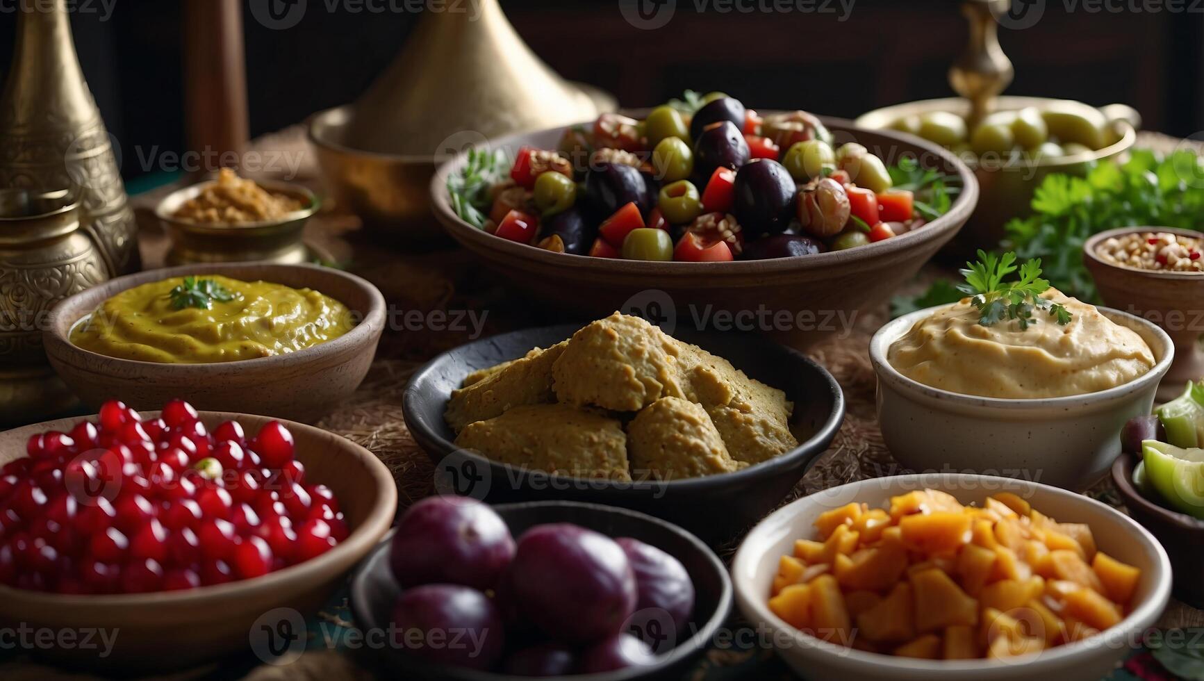 Arabic traditional cuisine Middle Eastern meze with pita, olives, colorful hummus, falafel, stuffed dolma, babaganush, pickles, vegetables, pomegranate, eggplants. photo