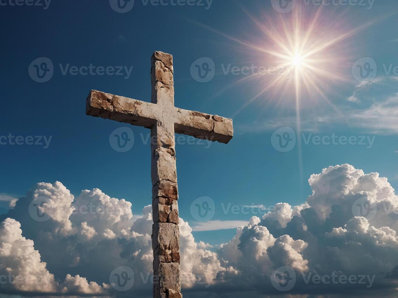 Christian cross appeared bright in the sky with soft fluffy clouds, white, beautiful colors With the light shining as hope, love and freedom in the sky background. photo