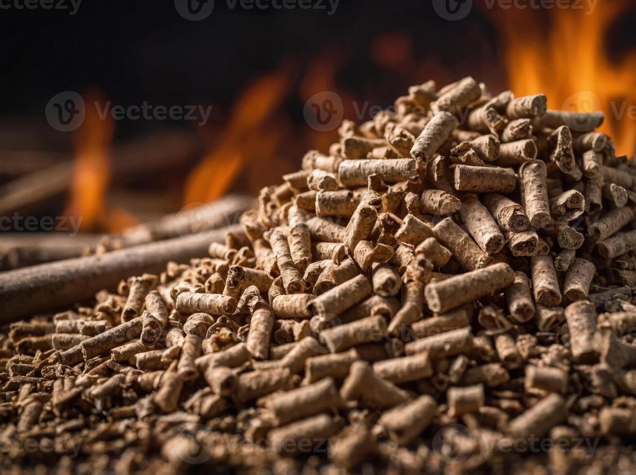Biomass wood pellets and woodpile on blurred defocused background with space for text placement. photo