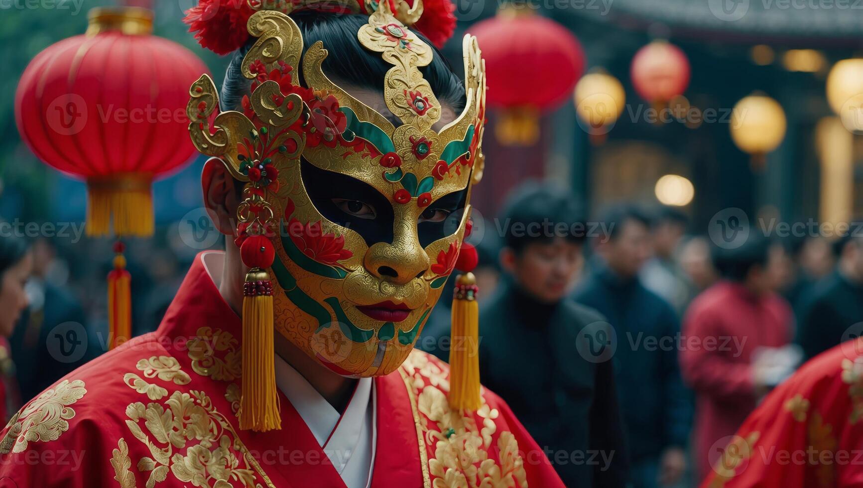 Chinese new year Man at festival wearing traditional Chinese masked costume. photo