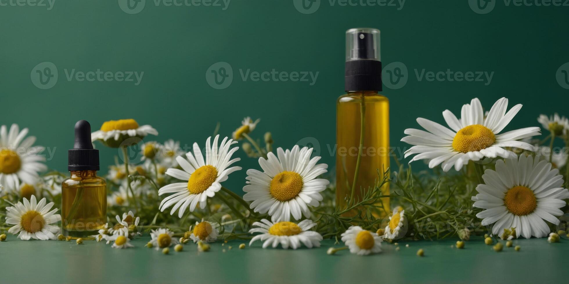 Frame of natural cosmetics with chamomile extract on green background. photo