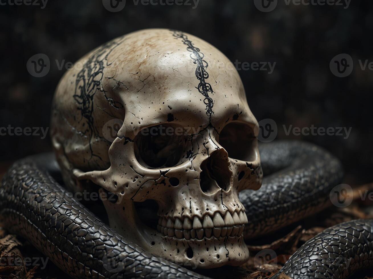 Hand drawn illustration of skull and snake. photo
