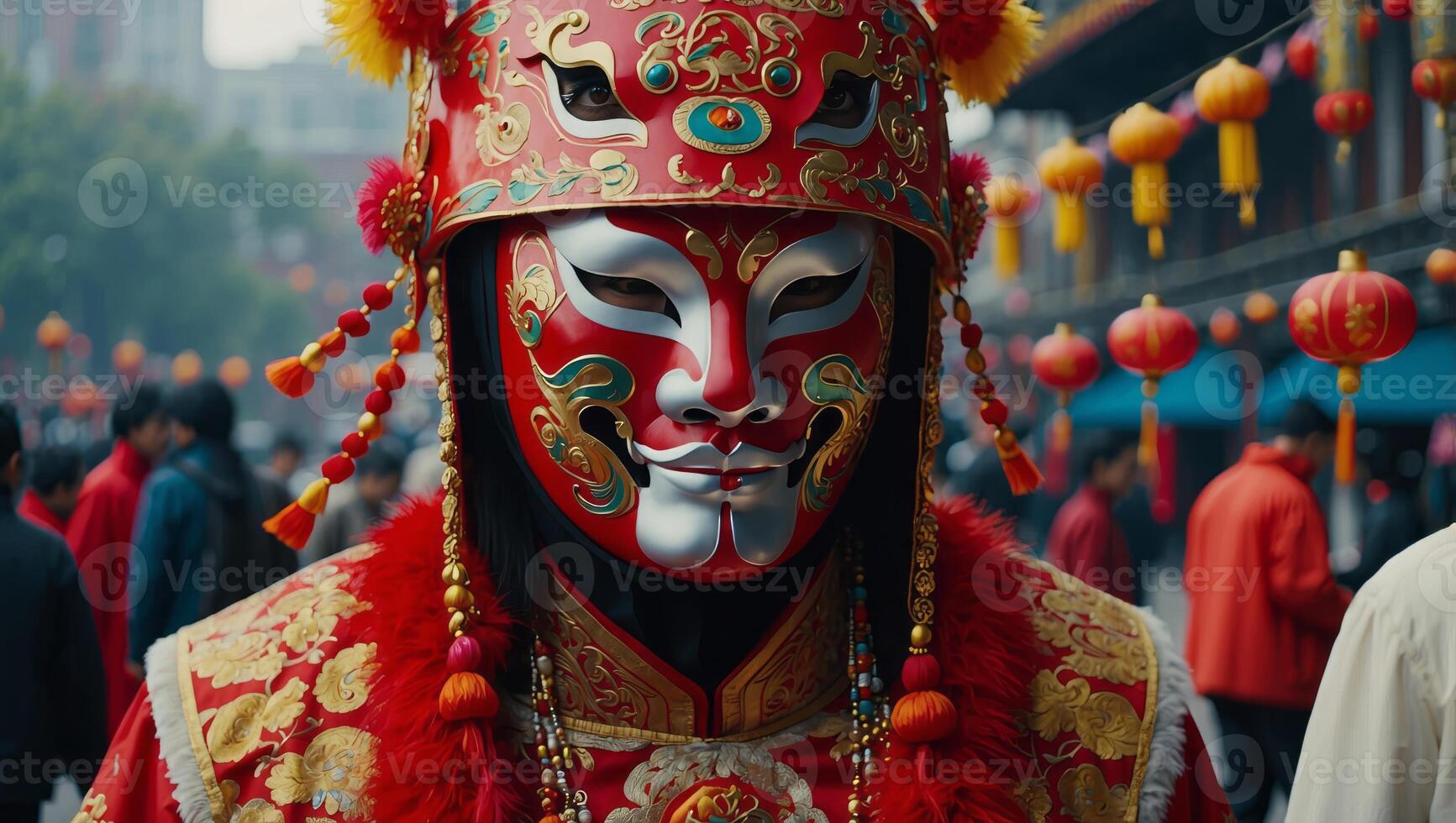 Chinese new year Man at festival wearing traditional Chinese masked costume. photo