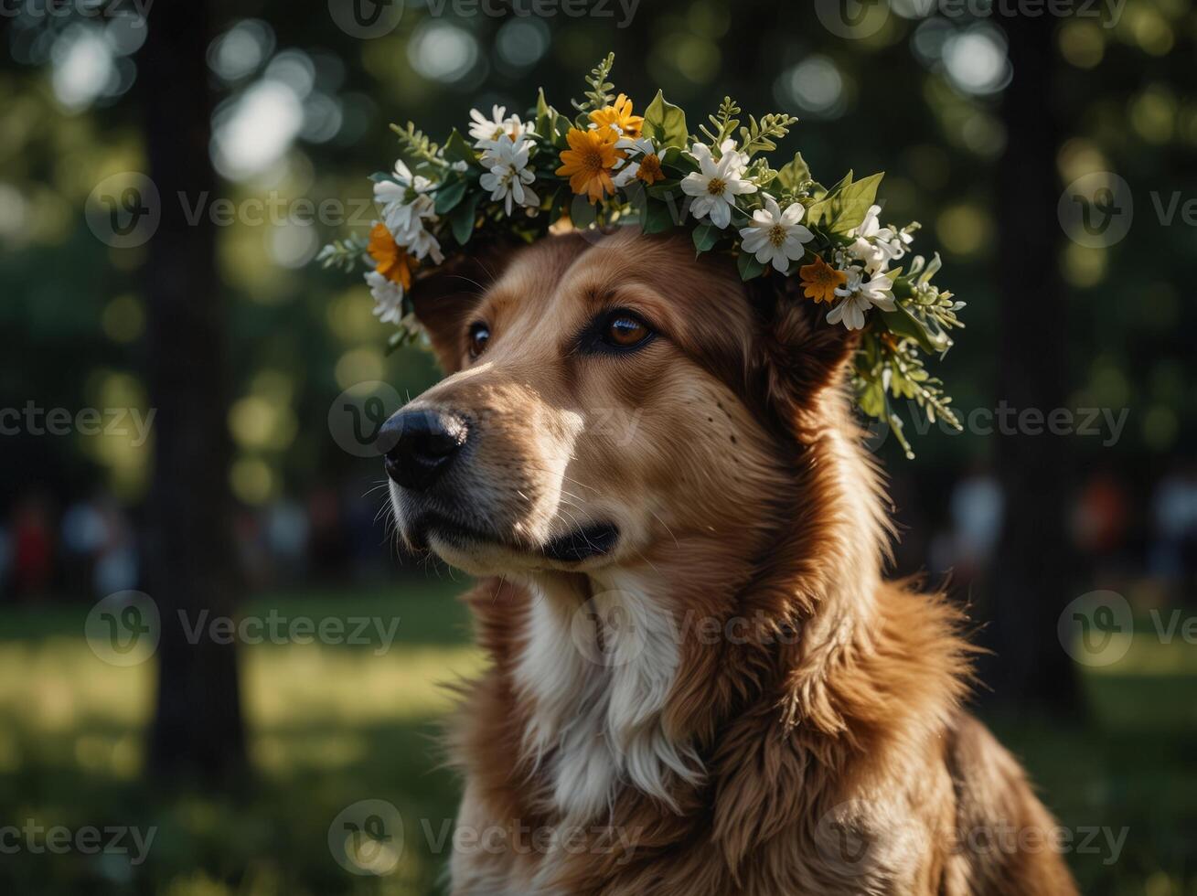 Dog with a traditional floral wreath to the Midsummer Festival in Sweden. photo