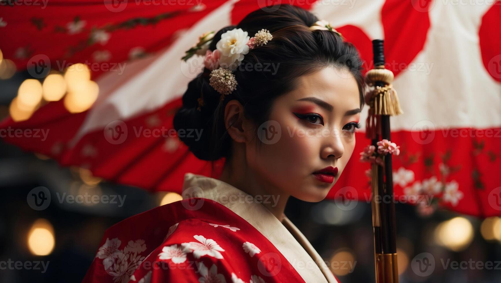 Japanese Flag with a Geisha and a Sumo Wrestler - Picture the Japanese flag with a geisha representing Japan's traditional arts and a sumo wrestler. photo