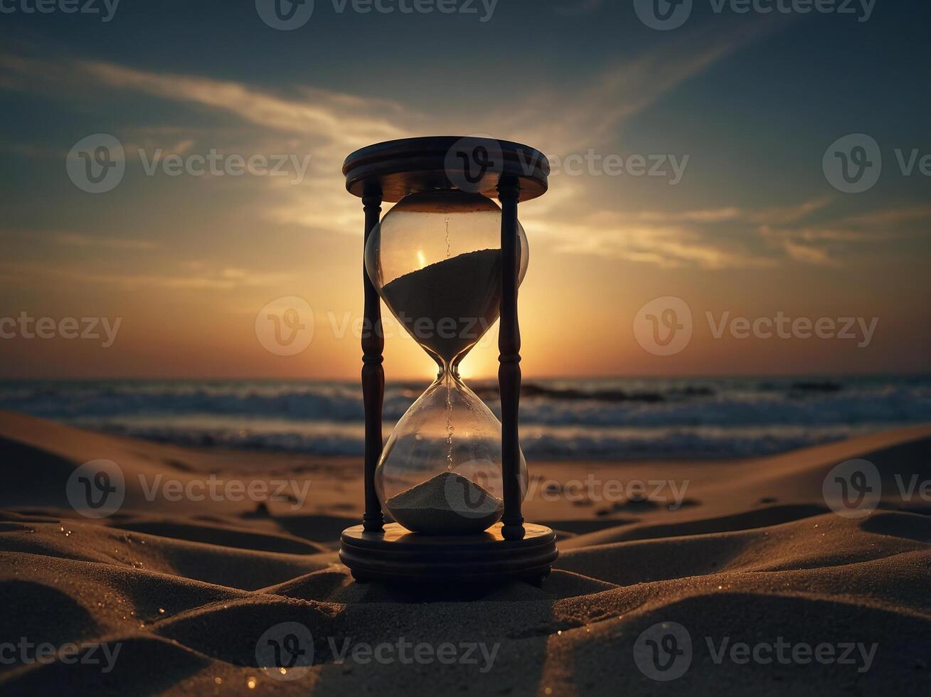 Hourglass at the break of dawn An hourglass with sand going through the glass bulbs is used to measure the amount of time that passes before a deadline. photo