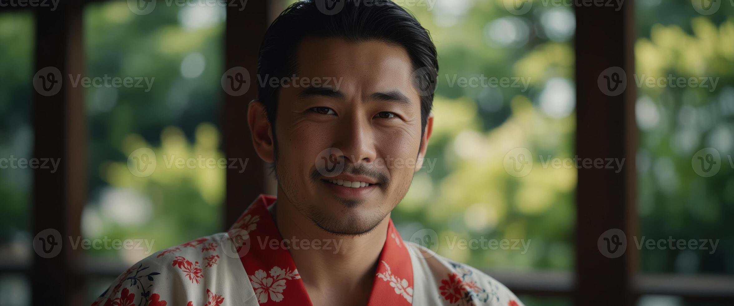 Japanese man in kimono with his hands on his hips smiling. photo